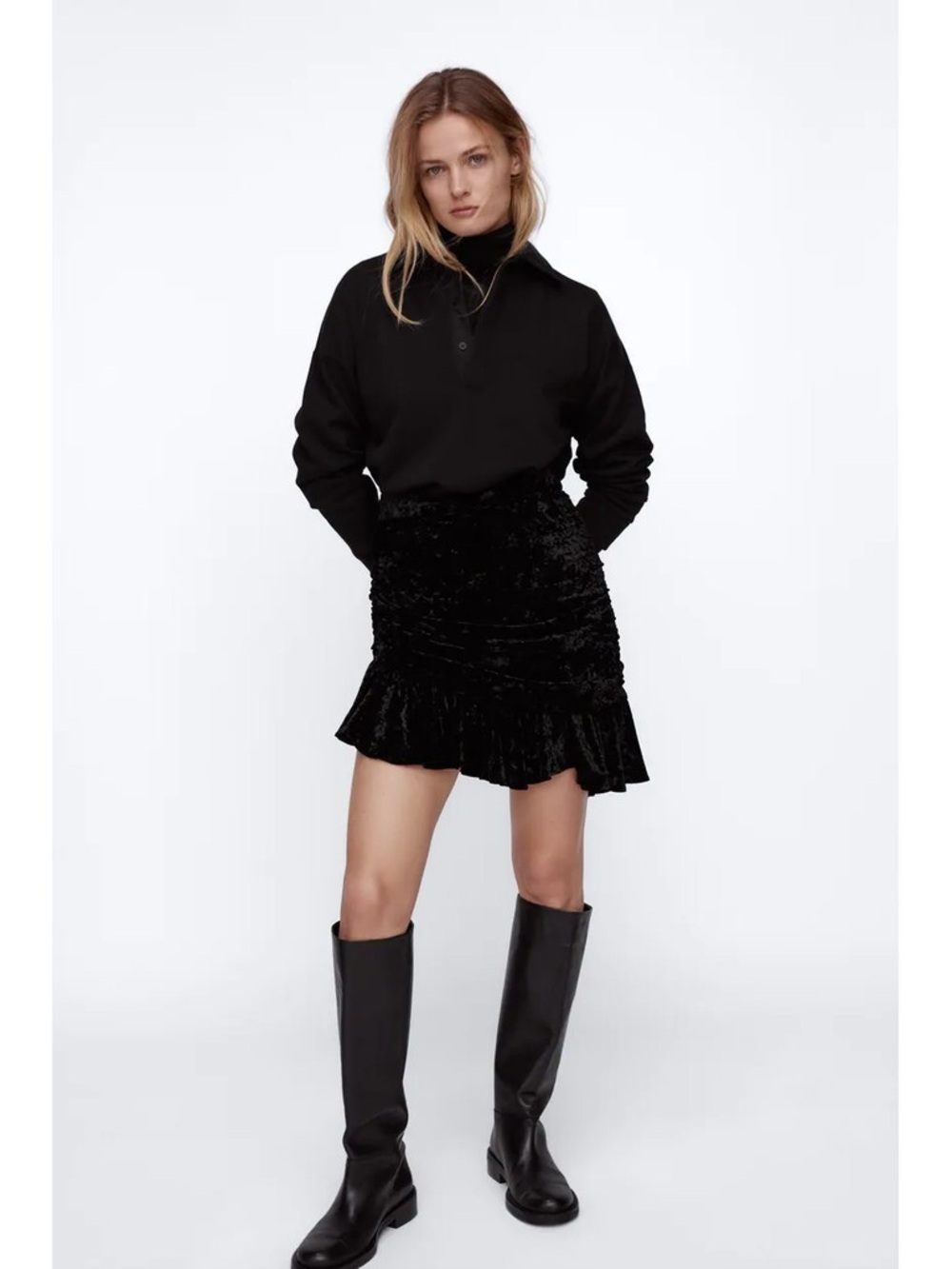 Zara Black Crushed Velvet Ruffle Mini Skirt